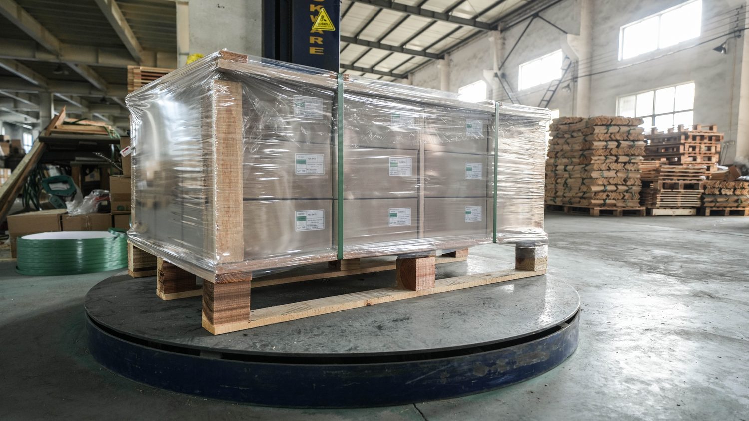 A pallet of cartons wrapped on the stretch-wrapper turntable