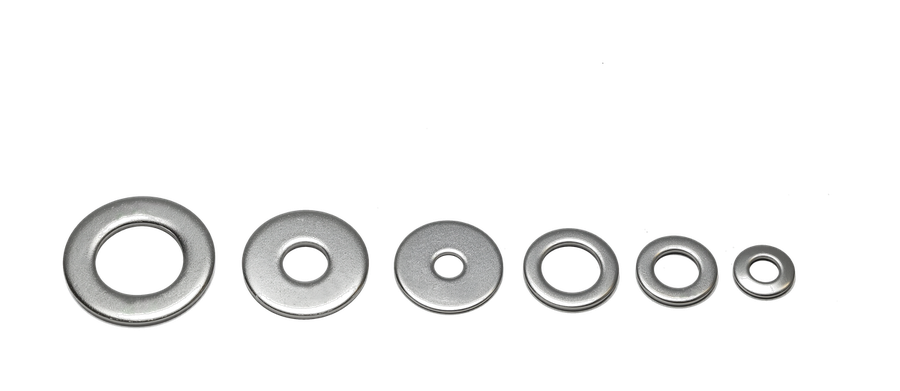 304 and 316 stainless steel flat washers shown as a graduated size range from M2 to M64